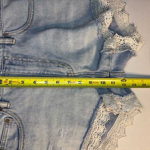 Free People Lacey Distressed Denim Cutoff Lace Hem High Rise Shorts, W28 - Picture 4 of 12